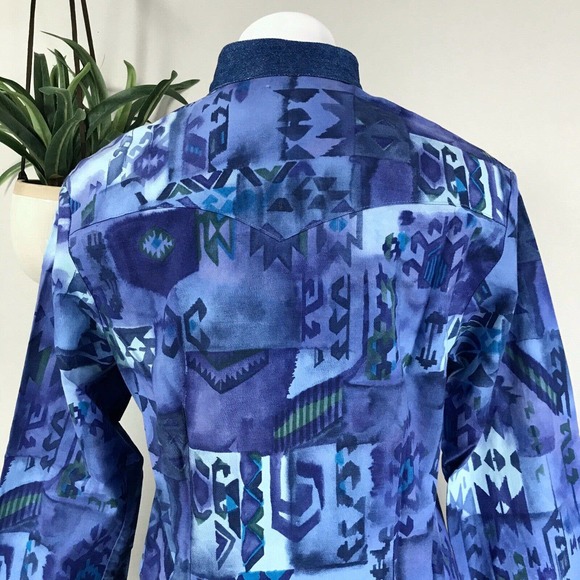 Vtg Roper Western Rodeo Shirt Blue Batik Studded‎ Collar Cropped Women’s Size M - Picture 5 of 9